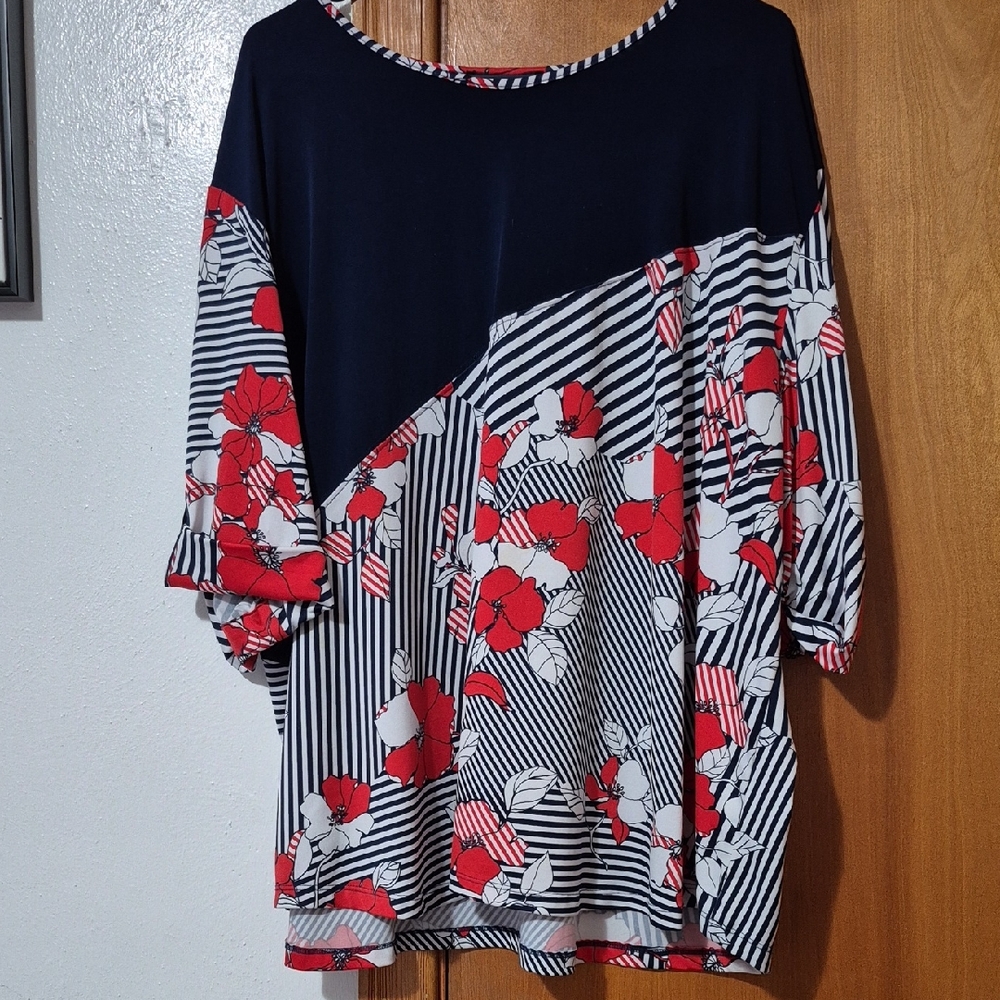 Blue and Black 3/4 Sleeve Relaxed Blouse